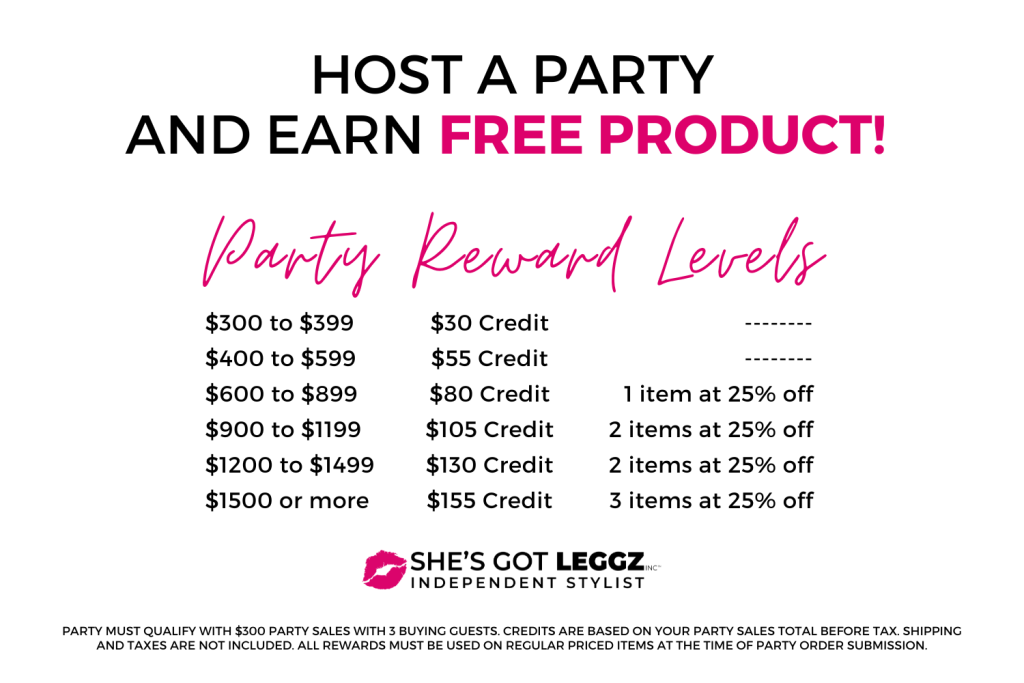 Table that shows the Party Rewards Levels when you Host a Party with She's Got Leggz. It shows how when you host a party, you can earn free product.